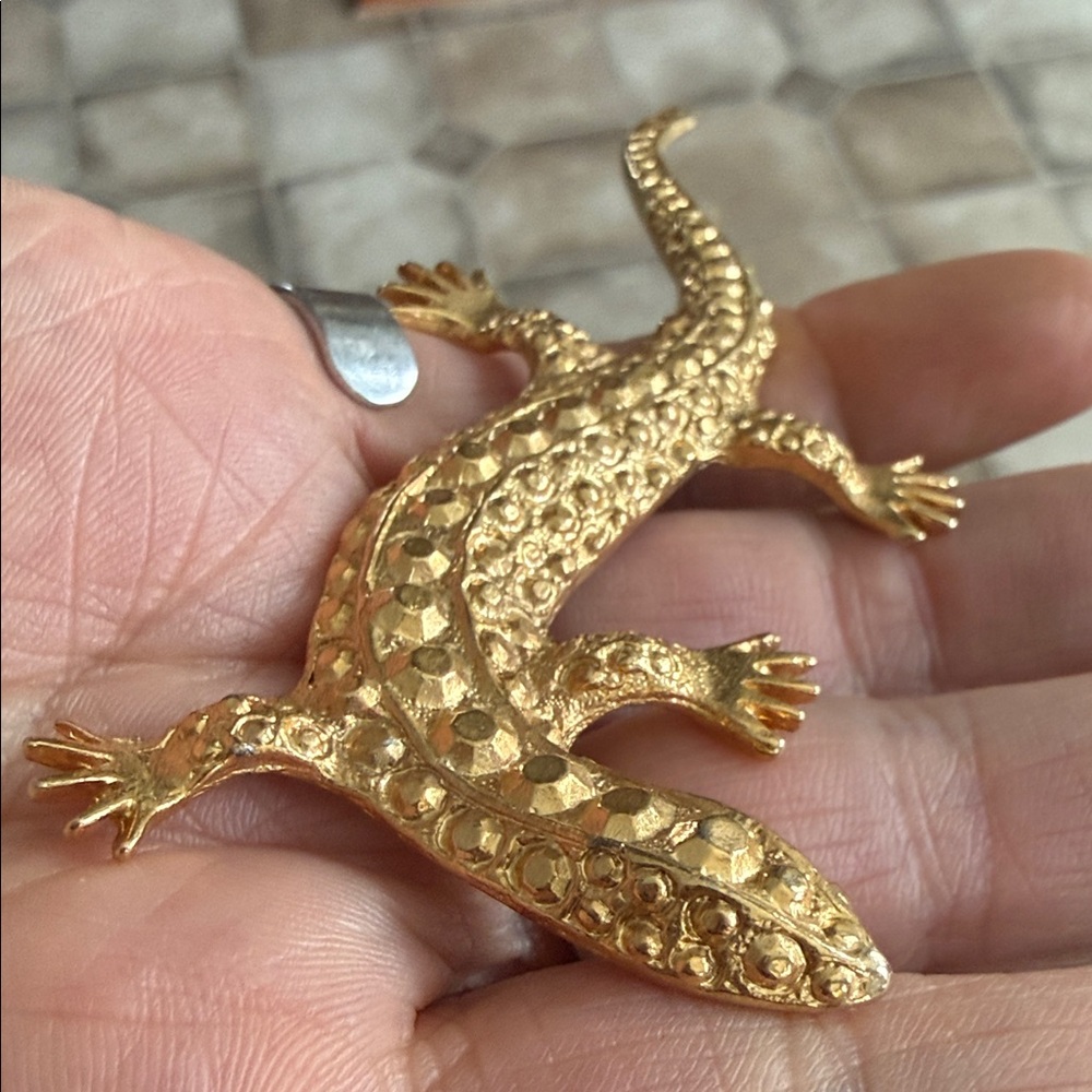 Gold Lizard Pin Funky Chunky Large Brooch Reptile Jewelry